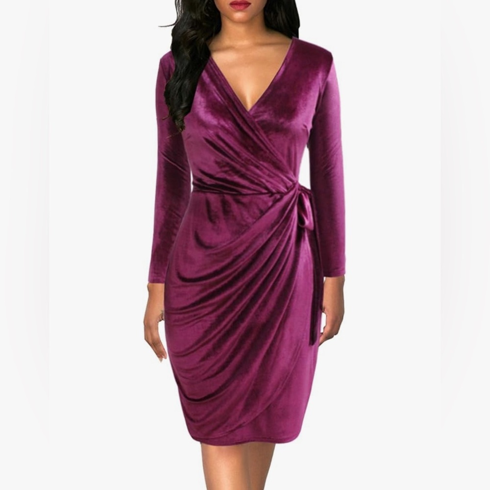 2/$10 V-Neck Knee-Length Long-Sleeve Ruched Bodycon Wrap Velvet Dress, Large